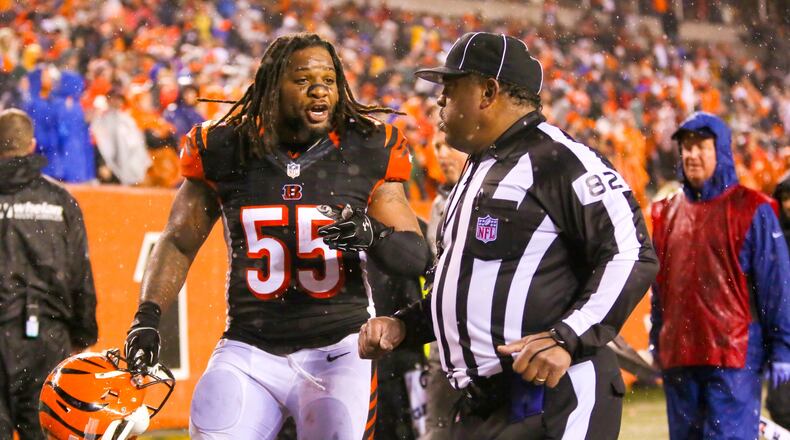 Bengals linebacker Vontaze Burfict pleads his case to an official after the Steelers’ 18-16 win in the wild card playoff game at Paul Brown Stadium in Cincinnati on Saturday, Jan. 9 GREG LYNCH / STAFF
