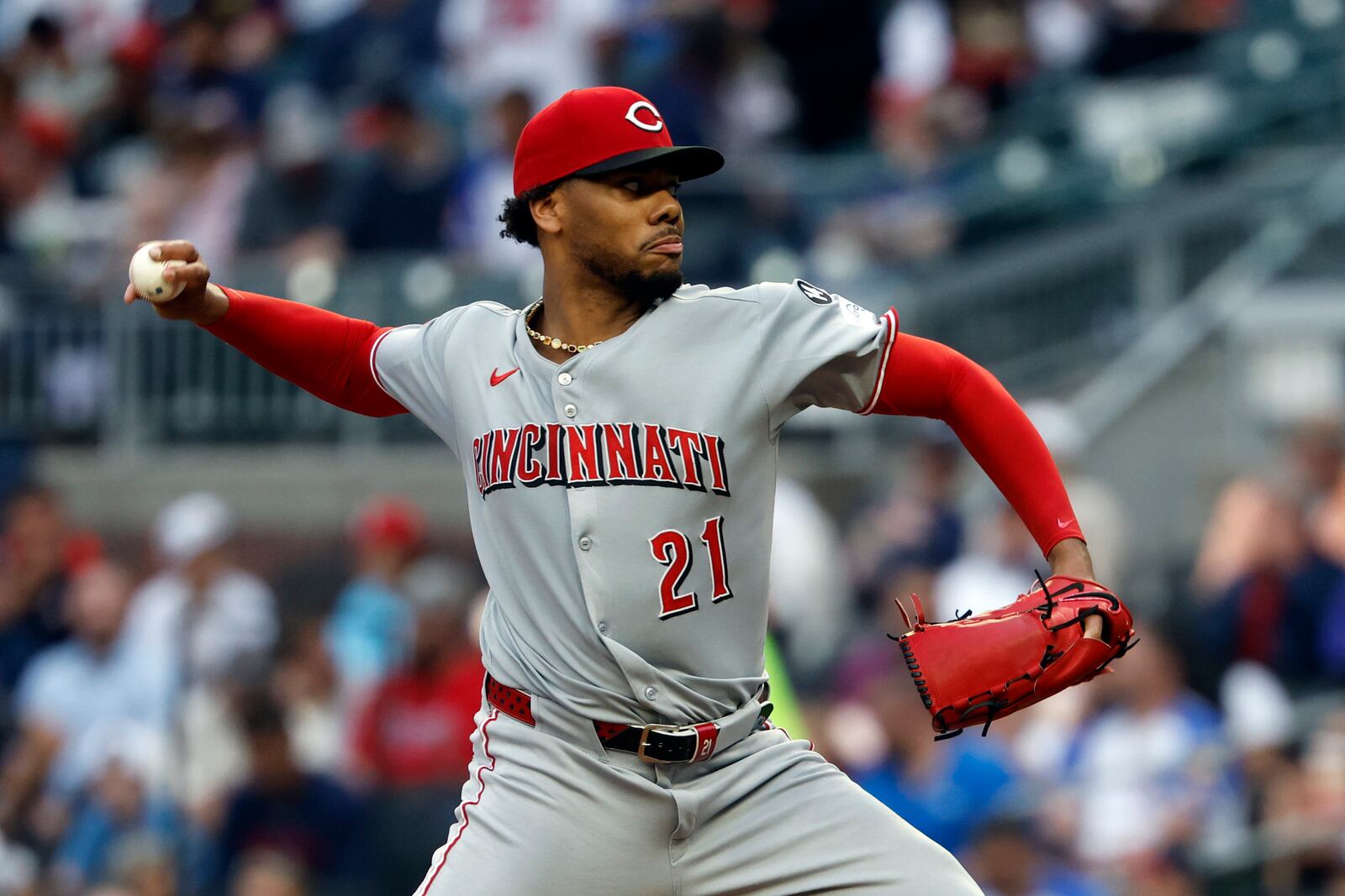 Cincinnati Reds' Hunter Greene pitches during the first inning of a baseball game against the Atlanta Braves, Wednesday, May 7, 2025, in Atlanta. (AP Photo/Butch Dill)