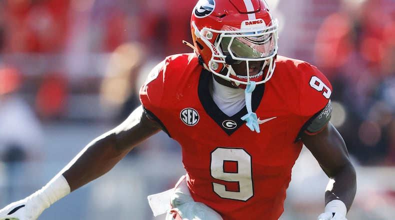 FILE - Georgia linebacker Chris Cole (9) during an NCAA football game against Marshall on Saturday, Aug. 30, 2025, in Athens, Ga. Georgia won 45-7. (AP Photo/Mike Buscher, File)