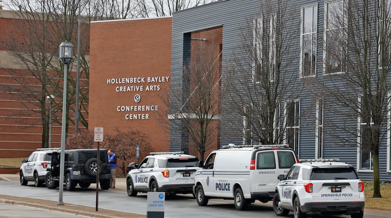 Springfield Police vehicles were parked in front of Clark State College's Hollenbeck Bayley Creative Arts and Conference Center Thursday, Feb. 16, 2023 following a bomb threat. BILL LACKEY/STAFF