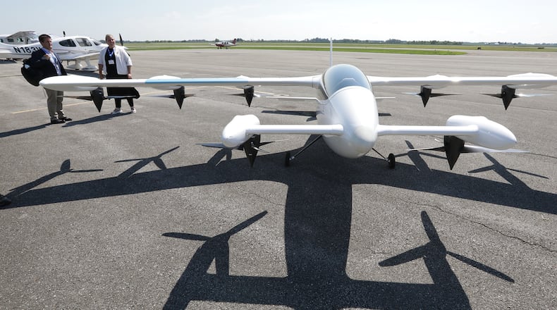 An air mobility system from the Kittyhawk company on display during the National Advanced Air Mobility Industry Forum at Springfield-Beckley Municipal Airport that was held in August. A nearby industrial park is poised to support that growing industry in the area. BILL LACKEY/STAFF