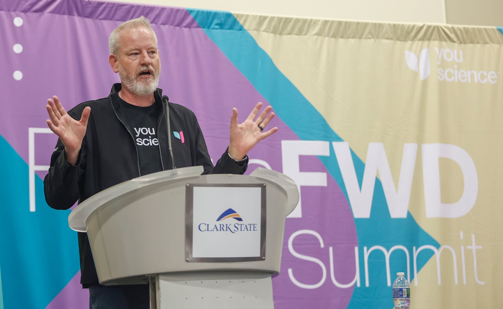 Edson Barton, CEO and co-founder of YouScience, gives the keynote speech at the FutureFWD Summit on Tuesday, October, 21, 2025, at the Hollenbeck Bayley Center. JOSEPH COOKE/STAFF