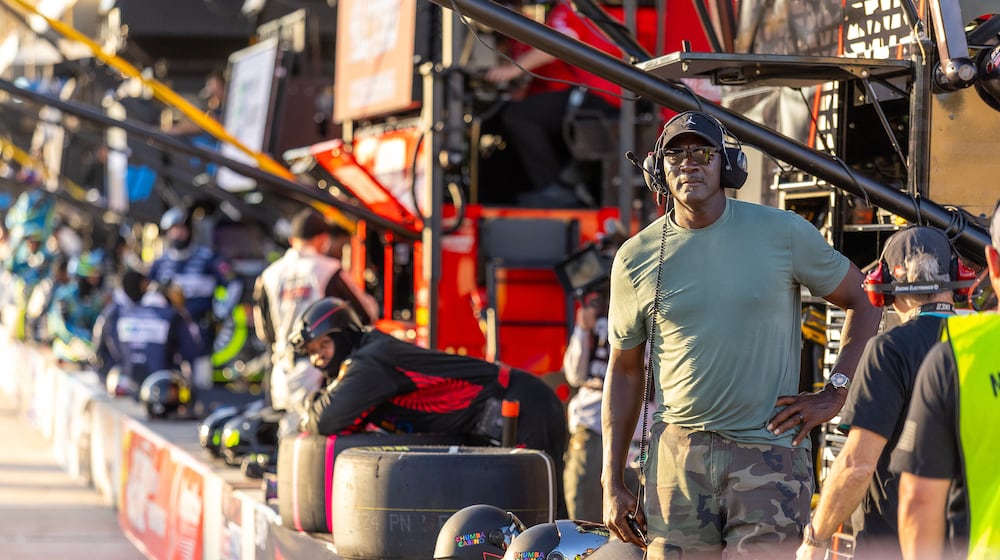 23XI Racing's team co-owner Michael Jordan watches the final laps by Tyler Reddick during a NASCAR Cup Series auto race in Austin, Texas, Sunday, March 1, 2026. (AP Photo/Stephen Spillman)