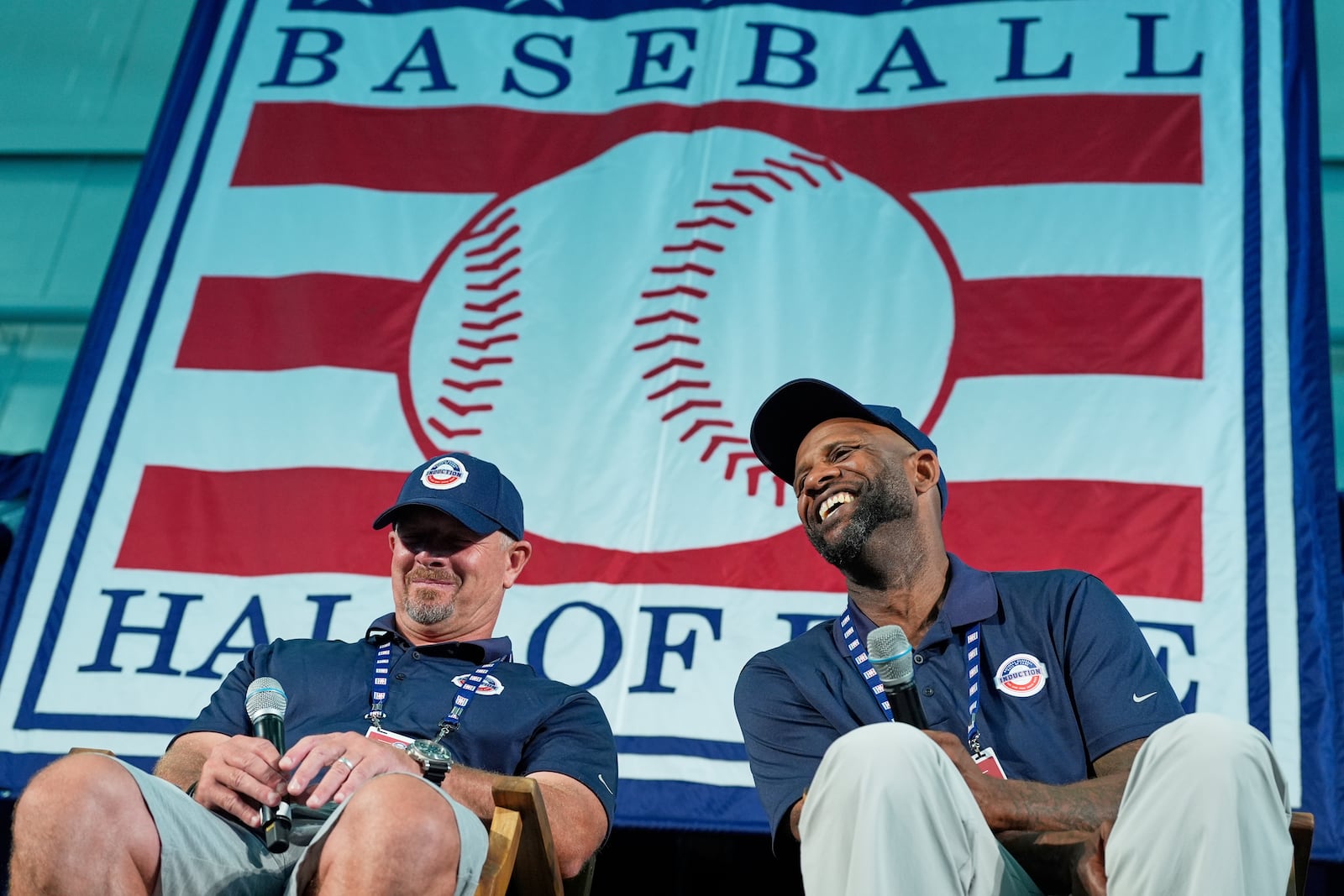 Baseball Hall of Fame inductees Billy Wagner, left, and CC Sabathia speak to reporters during a news conference in Cooperstown, N.Y., Saturday, July 26, 2025. (AP Photo/Seth Wenig)