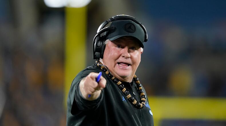 UCLA coach Chip Kelly gestures during the first half of the team's NCAA college football game against California, Saturday, Nov. 25, 2023, in Pasadena, Calif. (AP Photo/Ryan Sun)