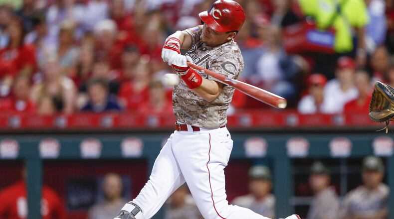 CINCINNATI, OH - MAY 06: Scooter Gennett #4 of the Cincinnati Reds hits his third home run of the game in the eighth inning against the St. Louis Cardinals at Great American Ball Park on June 6, 2017 in Cincinnati, Ohio. (Photo by Michael Hickey/Getty Images)