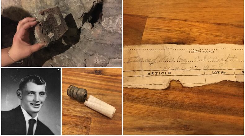 Behind this loose brick in the basement of West Central Wine on Central Avenue in downtown Middletown, the shop’s owners found a note that was left there nearly 60 years ago. They tracked down a family member of the man who wrote the note. CONTRIBUTED