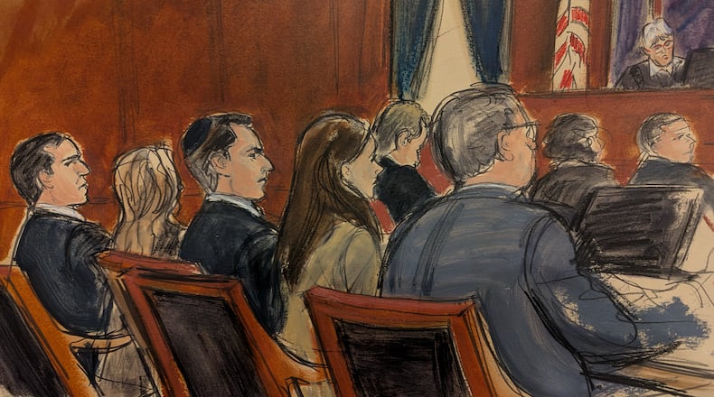 In this courtroom sketch, from left, Alon Alexander, Oren Alexander, defense attorney Teny Geragos, Tal Alexander, and Marc Agnifilo, listen for the verdict in Manhattan federal court with Judge Valerie Caproni presiding on the bench, Monday, March 9, 2026, in New York. (Elizabeth Williams via AP)