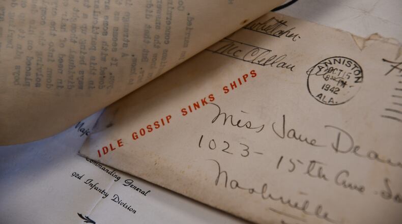 An envelope from a Black soldier stationed in Alabama written to his wife in Nashville in 1942 shows a stamp that says "Idle Gossip Sinks Ships" Monday, Feb. 9, 2026 in Nashville, Tenn. (AP Photo/Kristin M. Hall)
