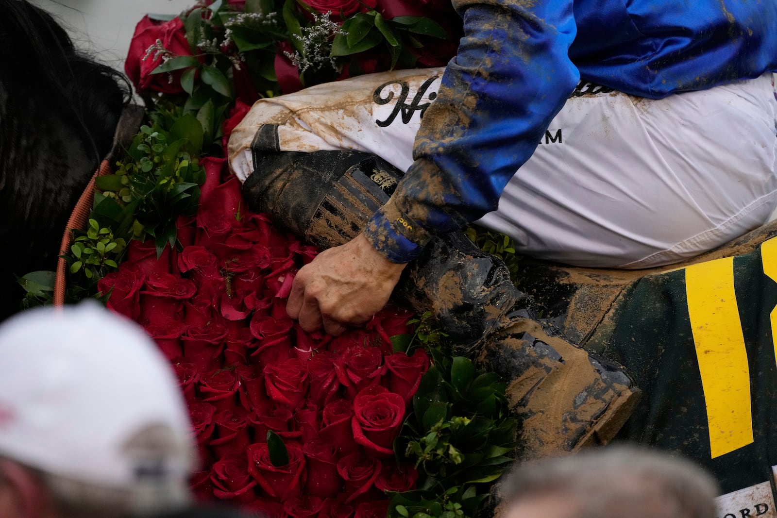 Sovereignty, ridden by Junior Alvarado, celebrates in the winners circle after winning the 151st running of the Kentucky Derby horse race at Churchill Downs Saturday, May 3, 2025, in Louisville, Ky. (AP Photo/Brynn Anderson)