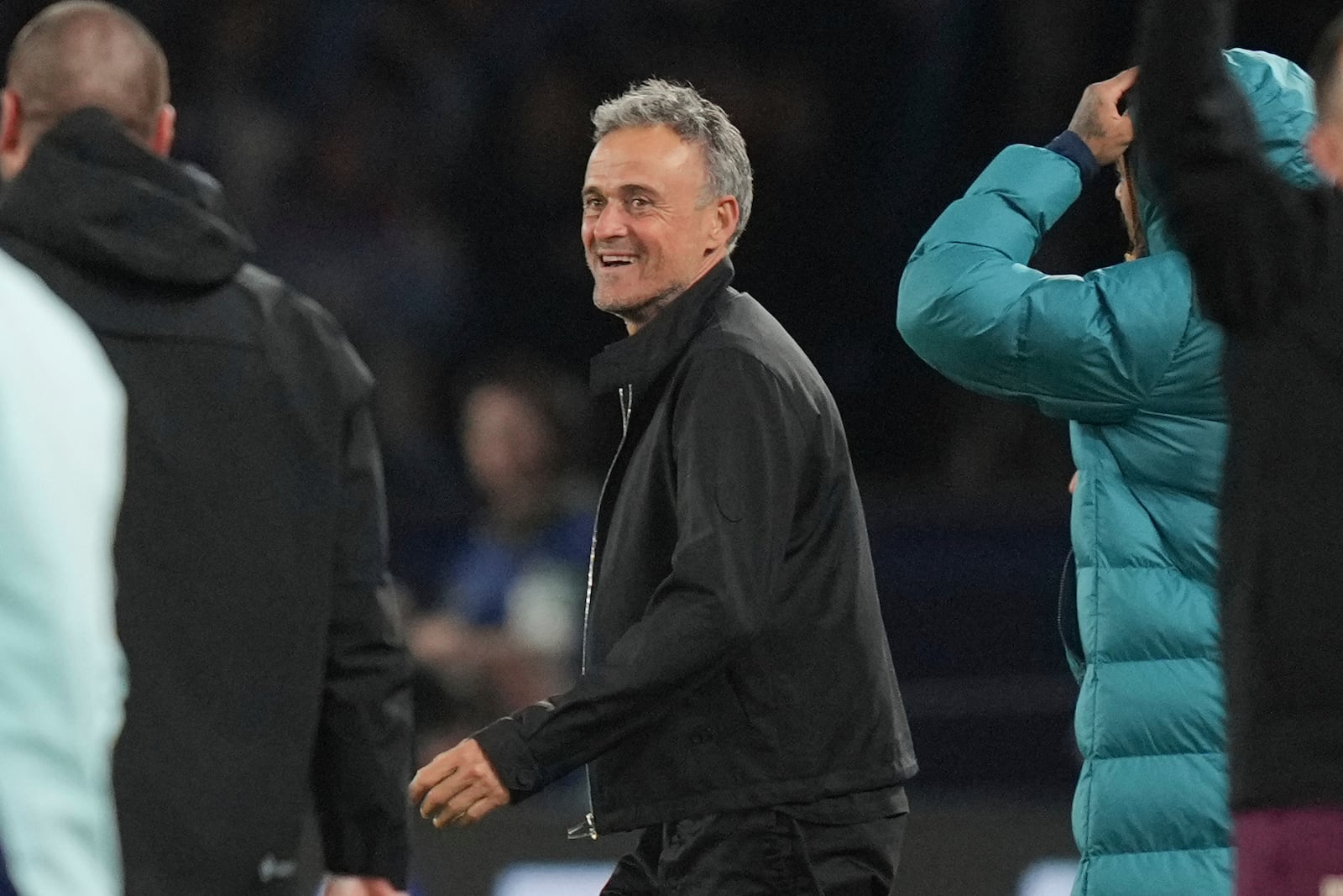 PSG's head coach Luis Enrique celebrates after the Champions League semifinal, second leg soccer match between Paris Saint-Germain and Arsenal at the Parc des Princes in Paris, Wednesday, May 7, 2025. (AP Photo/Thibault Camus)