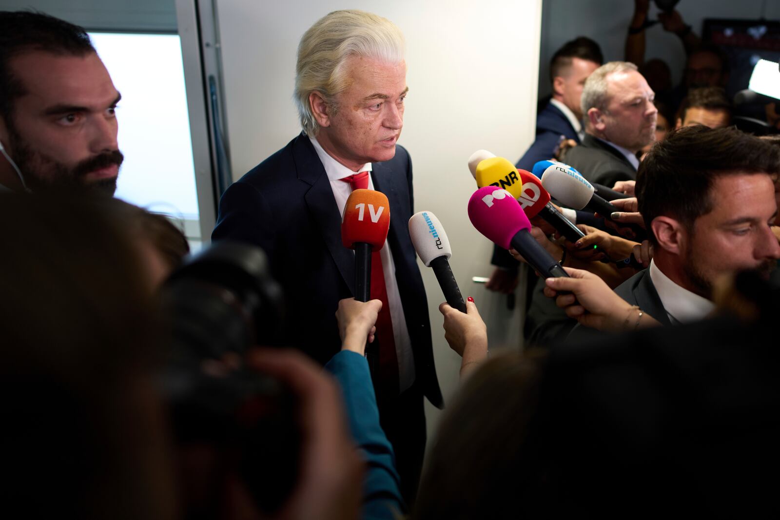 Far-right lawmaker Geert Wilders talks to the media after pulling his party out of the four-party Dutch coalition in The Hague, Netherlands, Tuesday, June 3, 2025. (AP Photo/Peter Dejong)