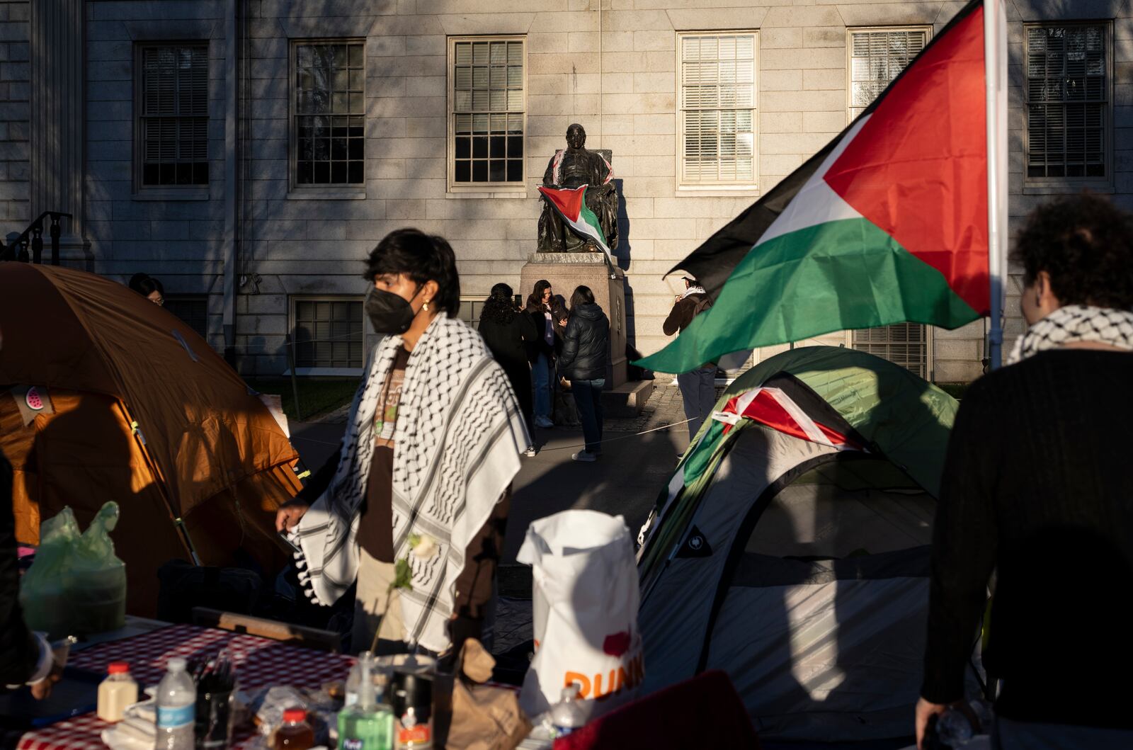 FILE - A student protester stands in front of the statue of John Harvard, the first major benefactor of Harvard College, draped in the Palestinian flag, at an encampment of students protesting against the war in Gaza, at Harvard University in Cambridge, Mass., April 25, 2024. (AP Photo/Ben Curtis, File)