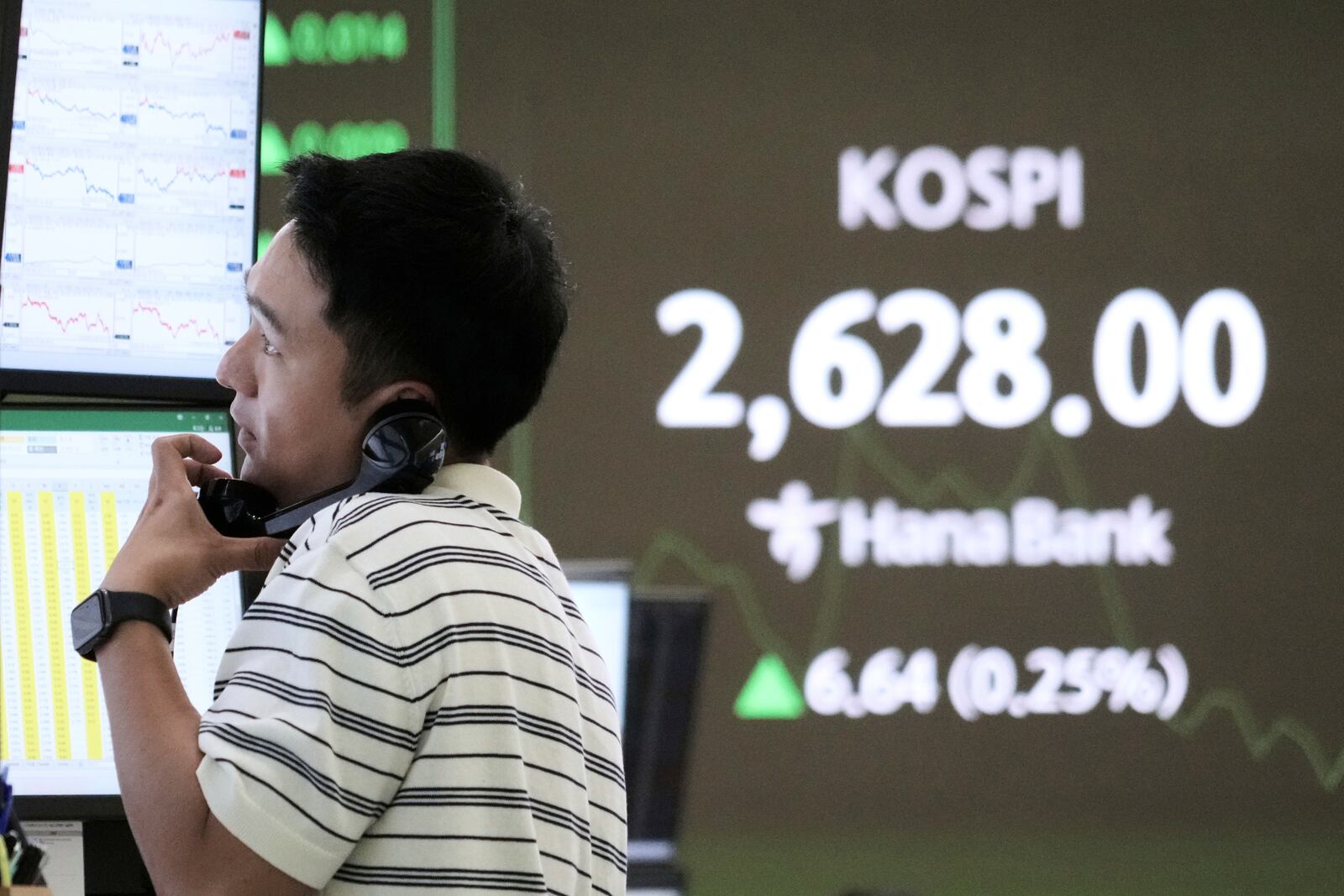 A currency trader talks on the phone near a screen showing the Korea Composite Stock Price Index (KOSPI) at the foreign exchange dealing room of the KEB Hana Bank headquarters in Seoul, South Korea, Friday, May 16, 2025. (AP Photo/Ahn Young-joon)