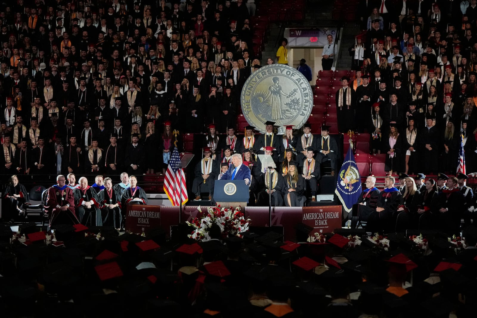 President Donald Trump gives a commencement address at the University of Alabama, Thursday, May 1, 2025, in Tuscaloosa, Ala. (AP Photo/Mike Stewart)