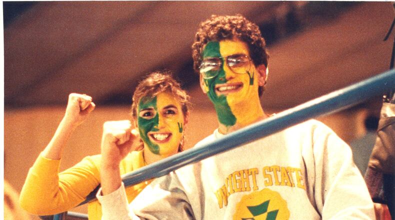 Gem City Jam: WSU fans celebrate the Raider win over the Flyers during the 1990 Gem City Jam at UD Arena. The "Jam" was an annual game between the crosstown rivals. It was discontinued in 1997. The Flyers and Raiders met eight times with Dayton winning five of the matches. SOURCES: LIBRARIES.WRIGHT.EDU / DAYTON DAILY NEWS