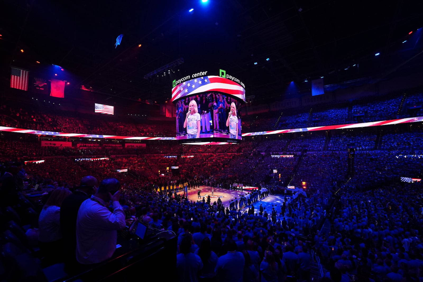 Kristin Chenoweth sings the national anthem before Game 7 of the NBA Finals basketball series between the Indiana Pacers and the Oklahoma City Thunder Sunday, June 22, 2025, in Oklahoma City. (AP Photo/Nate Billings)