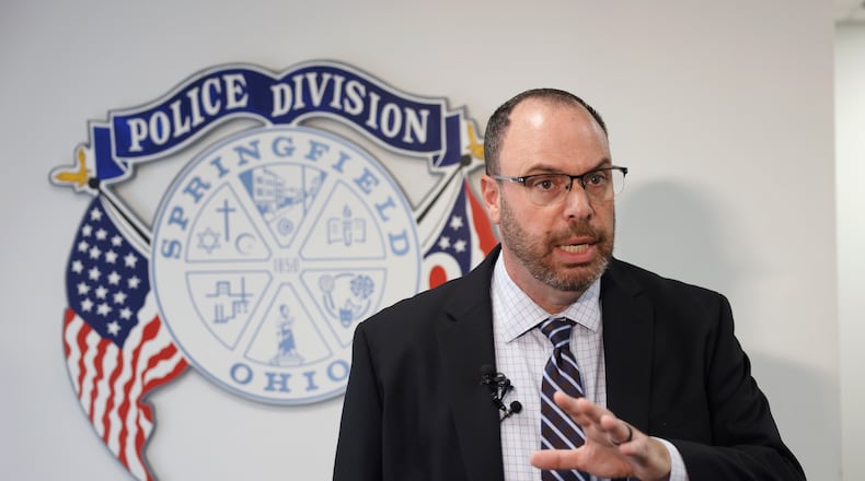 Springfield Police Sgt. James Byron speaks at a press conference on Wednesday, May 21, 2025, about three shooting deaths that've happened in two weeks. JOSEPH COOKE/STAFF