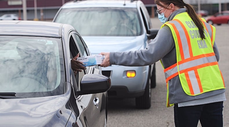 Michelle Clements-Pitstick, Director of the Clark County Emergency Management Agency Hands out free facemask at the Southern Village Shopping Center, Wednesday, March 10, 2021. MARSHALL GORBY/STAFF