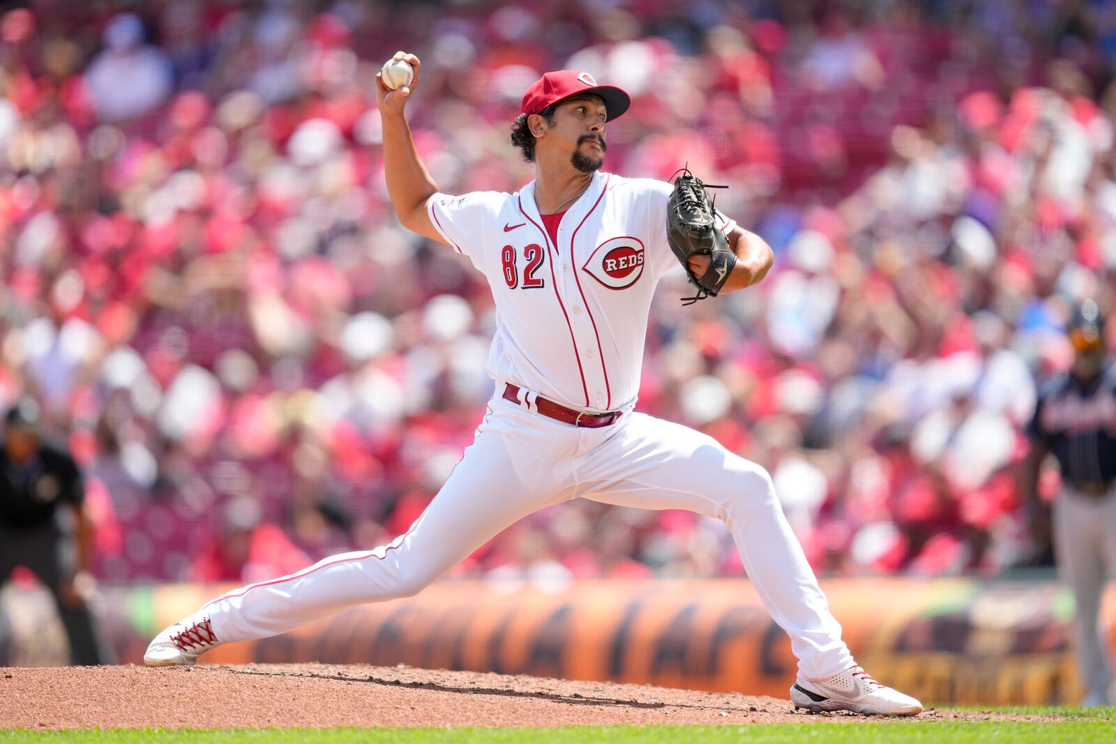 Cincinnati Reds relief pitcher Randy Wynne throws against the Atlanta Braves in the fourth inning of a baseball game Sunday, June 25, 2023, in Cincinnati. Sunday was Wynne's MLB debut. (AP Photo/Jeff Dean)