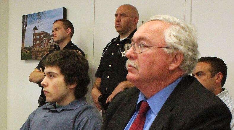 Ely Serna (left) and his attorney, Dennis Lieberman in Judge Lori L. Reisinger’s courtroom during a probable cause hearing. JEFF GUERINI/STAFF