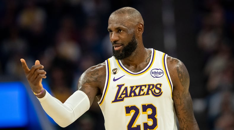 Los Angeles Lakers forward LeBron James (23) gestures during the second quarter of his NBA basketball game against the Golden State Warriors in San Francisco, Saturday, Feb. 28, 2026. (Stephen Lam/San Francisco Chronicle via AP)