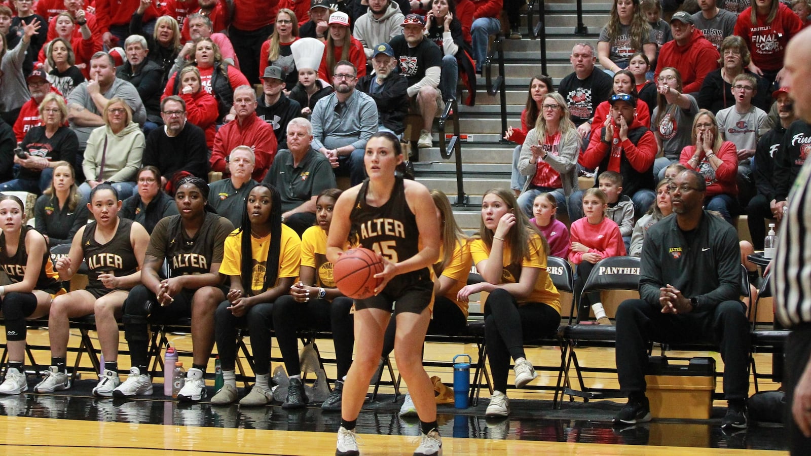 Samantha Pothast shoots a 3 as Alter beat Fairfield Union in a Division IV girls basketball state semifinal at Ohio Dominican in Columbus March 8, 2025.