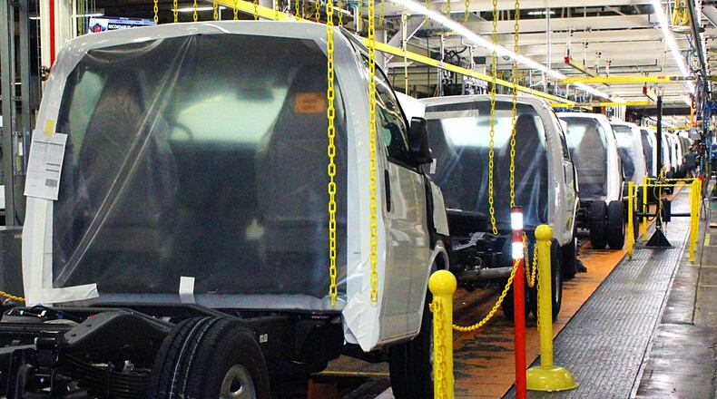 Trucks being put together on the assembly line at the Navistar International plant in Springfield in 2018. JEFF GUERINI/STAFF