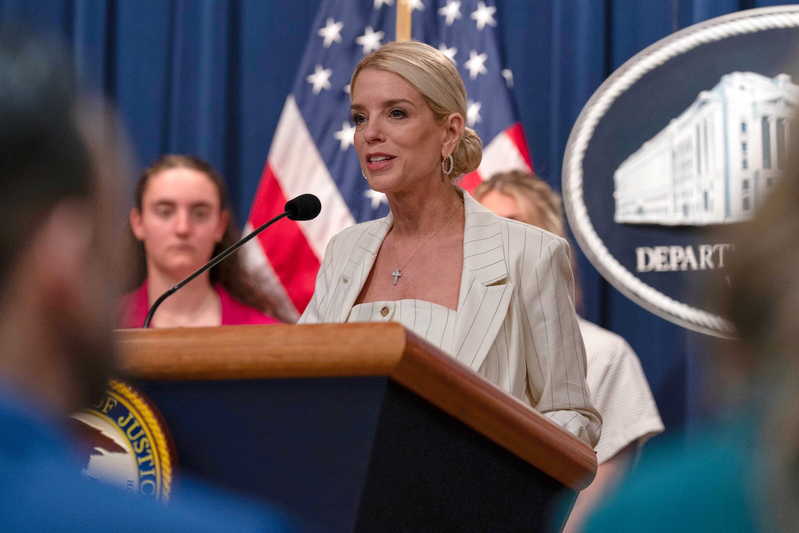 Attorney General Pam Bondi speaks during a news conference at the Department of Justice headquarters in Washington, Wednesday, April 16, 2025. (AP Photo/Jose Luis Magana)