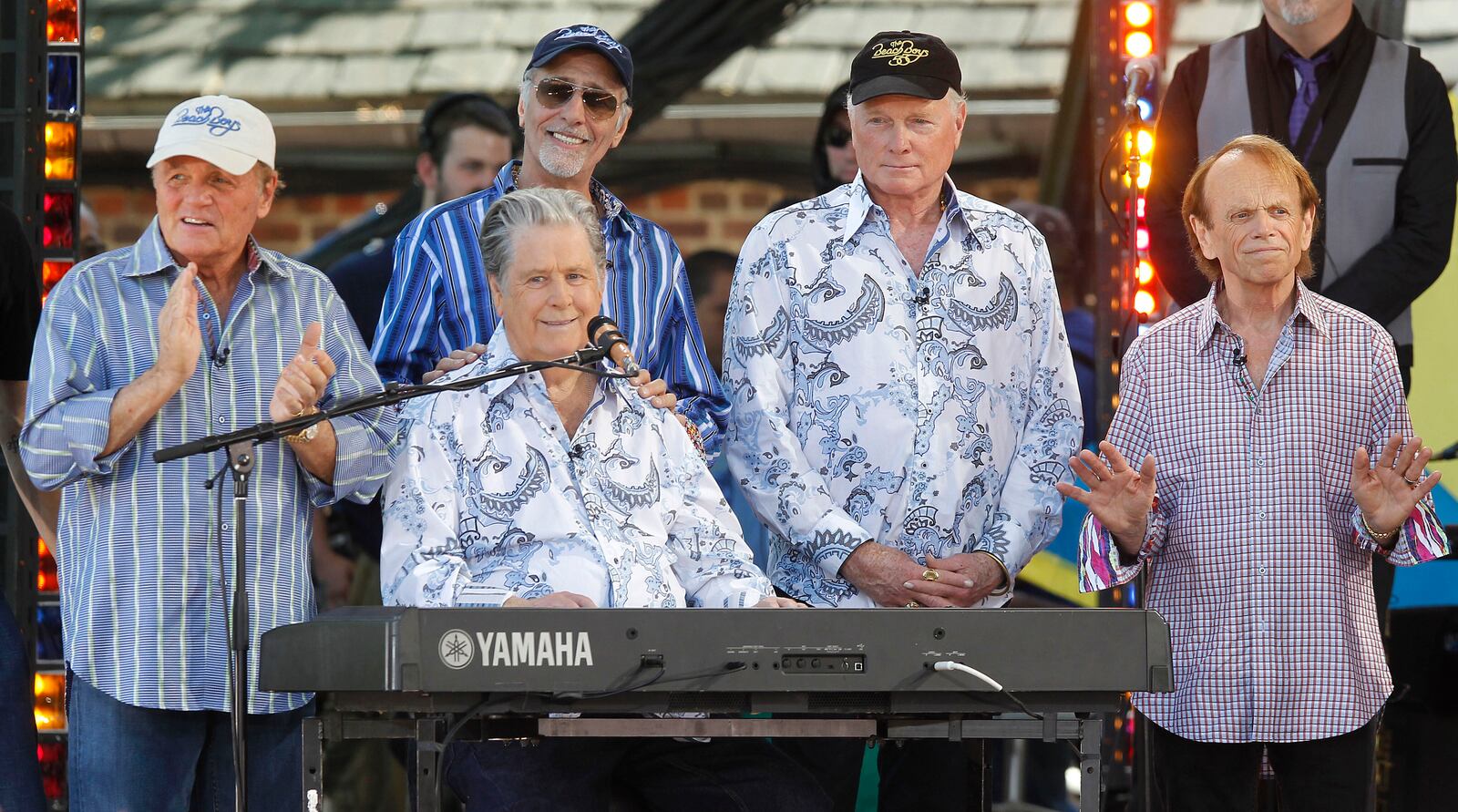 FILE - Members of The Beach Boys, from left, Bruce Johnston, David Marks, rear, Brian Wilson, Mike Love and Al Jardine appear during ABC's "Good Morning America" summer concert series, on June 15, 2012, in New York. (Photo by Jason DeCrow/Invision/AP, File)