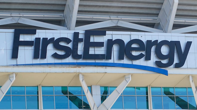 FILE - The signage for FirstEnergy Stadium is visible on the facade before an NFL preseason football game, Aug. 27, 2022, in Cleveland. The Ohio-based utility company says it's being investigated by a state office focused on organized crime in connection with payments the company made to the state's former House speaker and a top utility regulator, a news outlet reported Wednesday, Aug. 2, 2023. (AP Photo/Keith Srakocic, File)