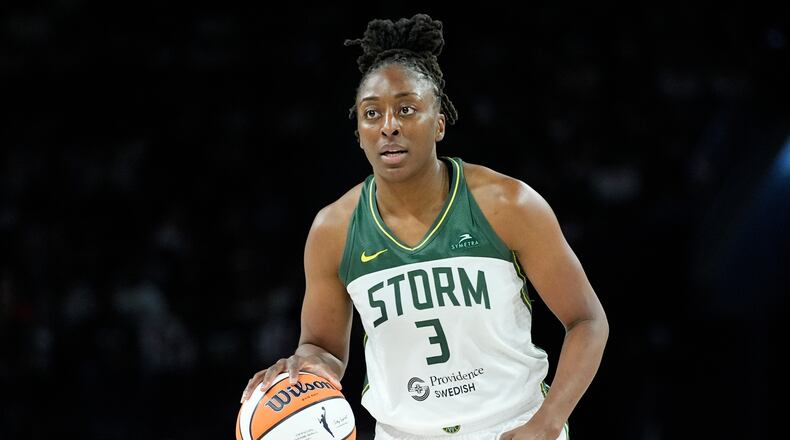 FILE - Seattle Storm forward Nneka Ogwumike (3) plays against the Las Vegas Aces in Game 2 of a WNBA basketball first-round playoff game Sept. 24, 2024, in Las Vegas. (AP Photo/John Locher, File)