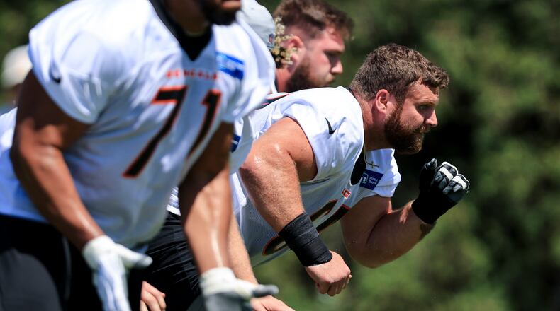 Cincinnati Bengals' Ted Karras participates in a drill during an NFL football practice in Cincinnati, Tuesday, May 17, 2022. (AP Photo/Aaron Doster)