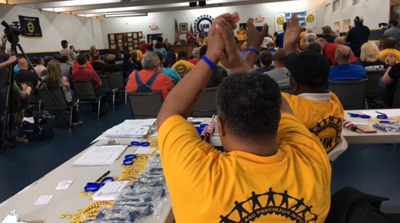 Some 200 people attended a United Auto Workers rally in April at the UAW 696 hall in Dayton. Organizers said 75 to 100 Fuyao Glass America workers signed attendance sheets at the meeting. The UAW hopes to organize Fuyao’s 2,000-worker plant in Moraine. THOMAS GNAU/STAFF
