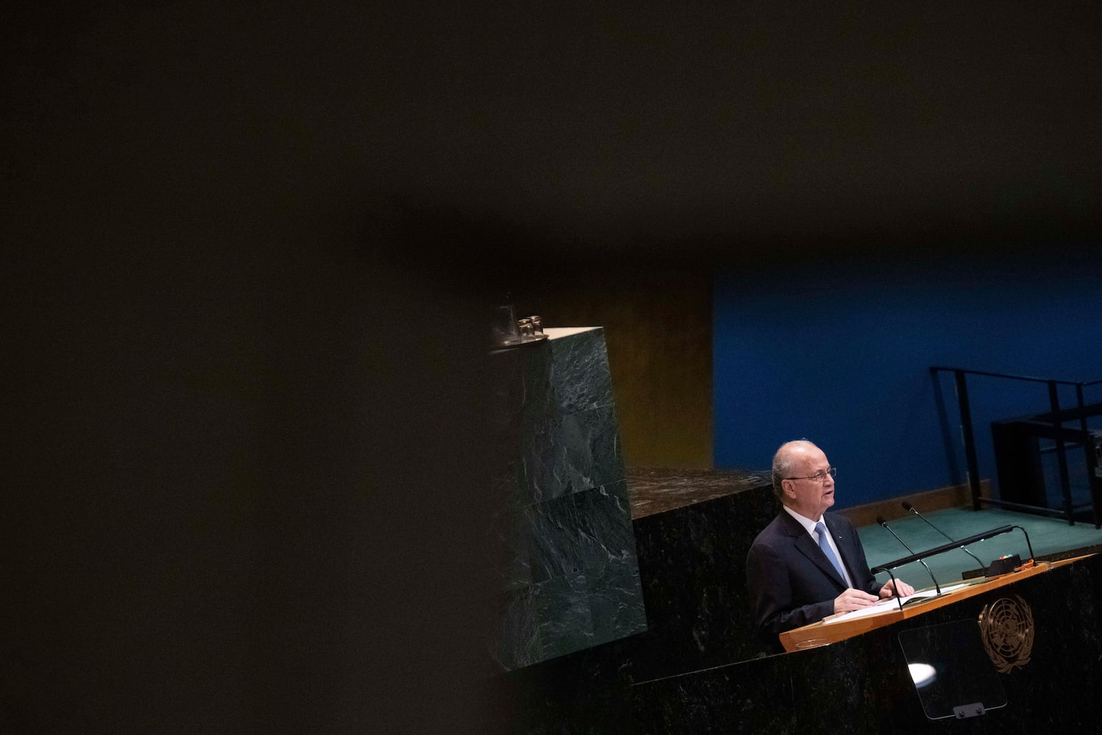Palestinian Prime Minister Mohammed Mustafa speaks during a high-level International Conference for the Peaceful Settlement of the Question of Palestine and the Implementation of the Two-State solution at United Nations Headquarters, Monday, July 28, 2025. (AP Photo/Adam Gray)