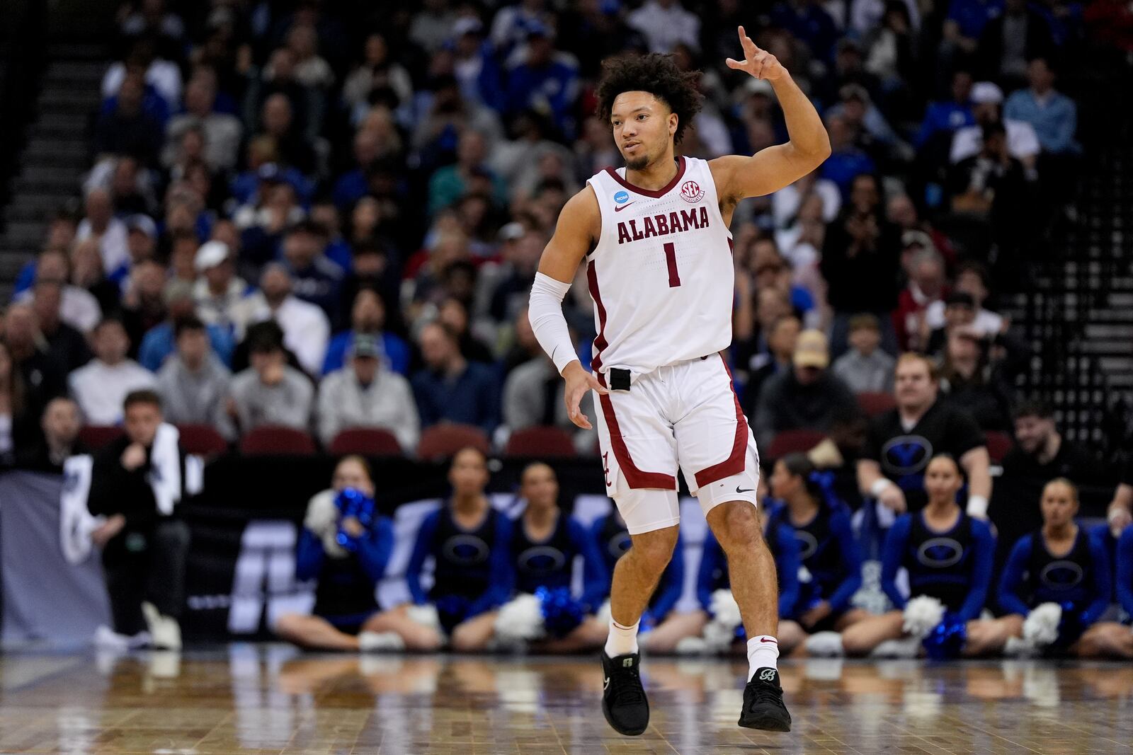 Alabama guard Mark Sears (1) reacts during the second half of a Sweet 16 round NCAA college basketball tournament game against Brigham Young, Thursday, March 27, 2025, in Newark, N.J. (AP Photo/Julia Demaree Nikhinson)
