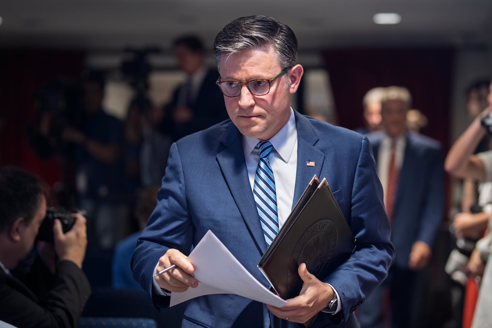 Speaker of the House Mike Johnson, R-La., arrives for a news conference at the Republican National Committee headquarters in Washington, Tuesday, July 15, 2025. (AP Photo/J. Scott Applewhite)