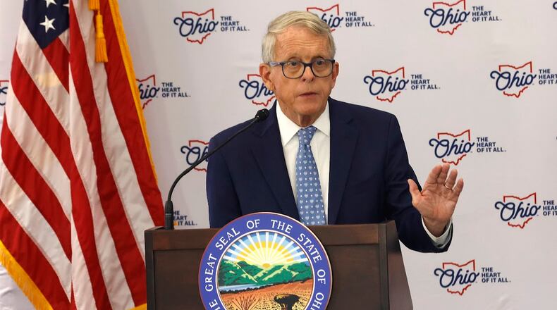 Gov. Mike DeWine, speaking Monday Aug. 19, 2024 at the University of Dayton, naming Dayton as Ohio's second "Innovation Hub." MARSHALL GORBY/STAFF