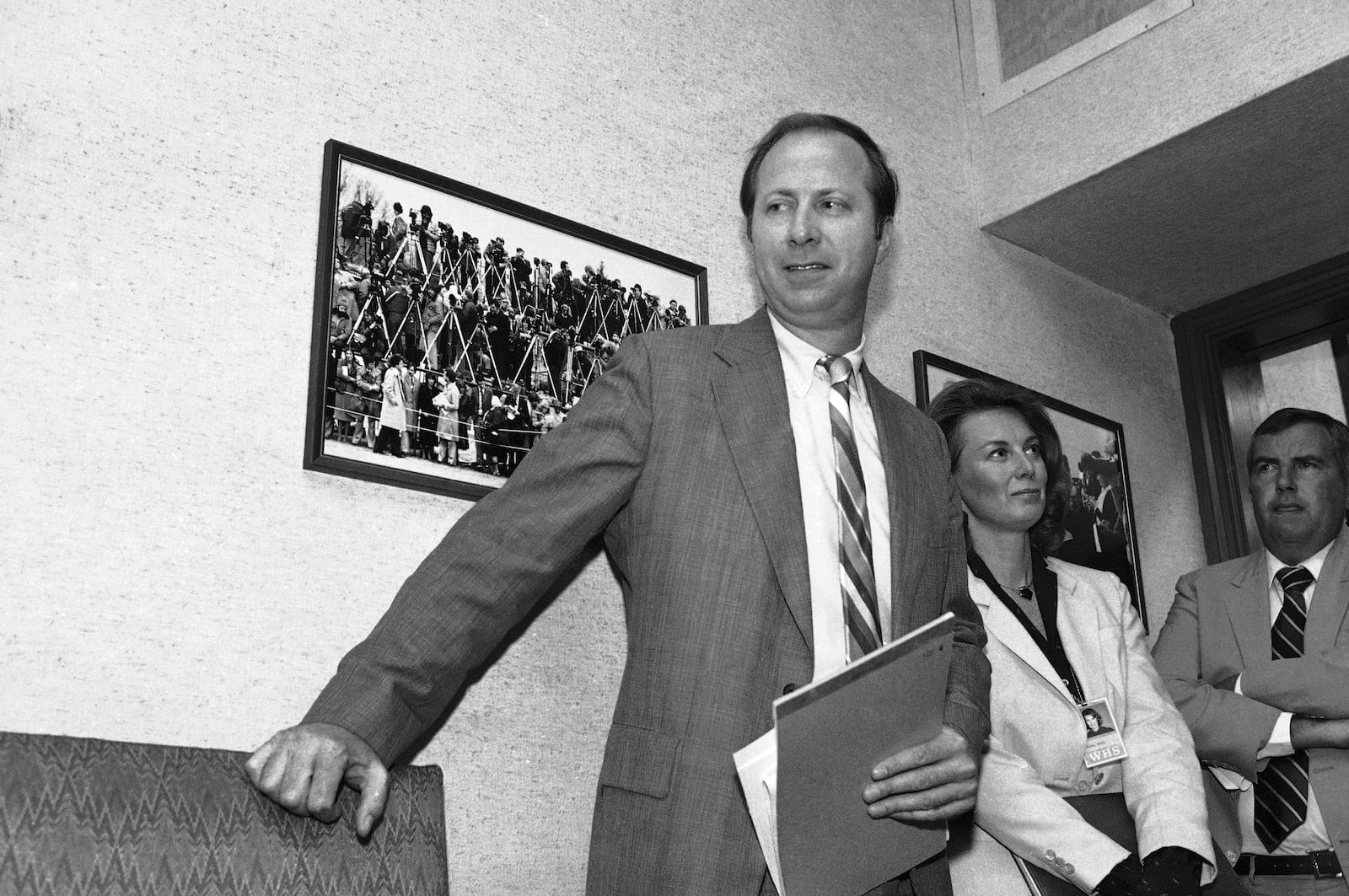 FILE - David Gergen, who has been named by President Ronald Reagan to be his assistant for communications, stands in the press briefing room in the White House in Washington on June 18, 1981. (AP Photo/Dennis Cook, File)