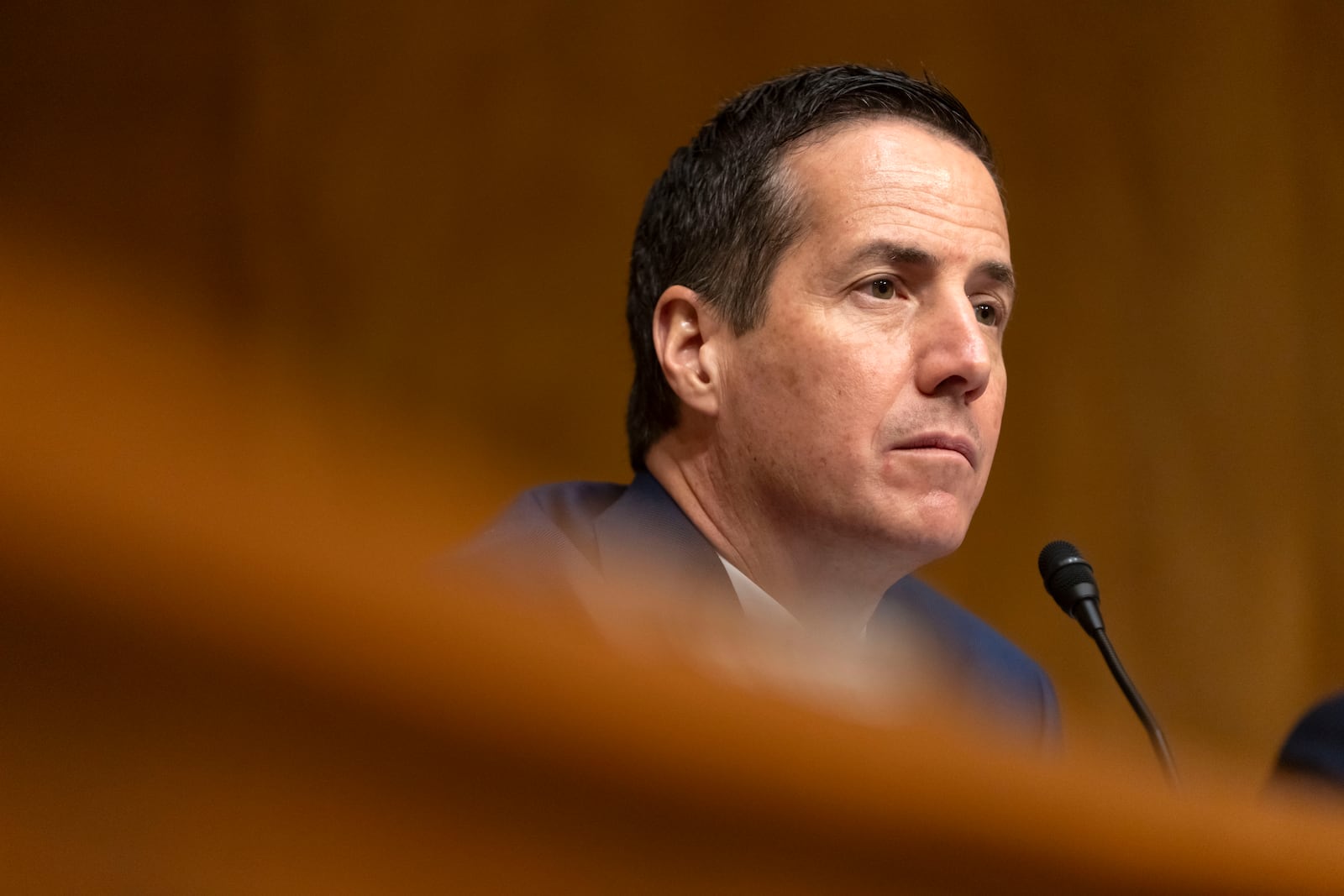 Sen. Bernie Moreno, R-Ohio, listens during a hearing of the Senate Committee on Homeland Security and Governmental Affairs on Capitol Hill, Thursday, April 3, 2025, in Washington. (AP Photo/Mark Schiefelbein)