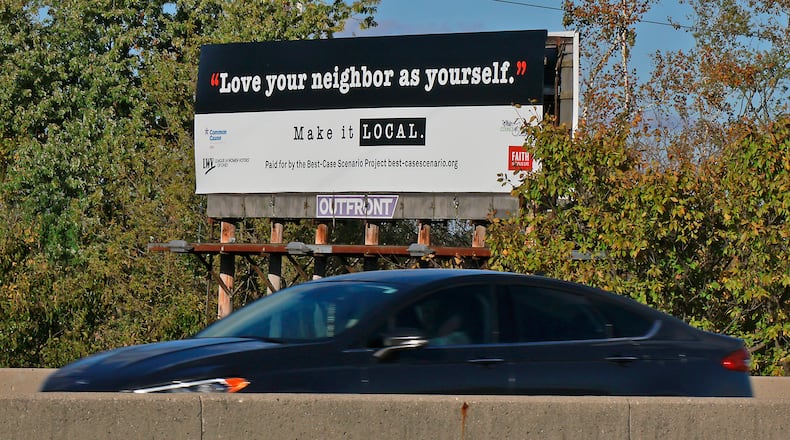 Anti hate sign along Troy Road near U.S. 68 in Clark County. BILL LACKEY/STAFF