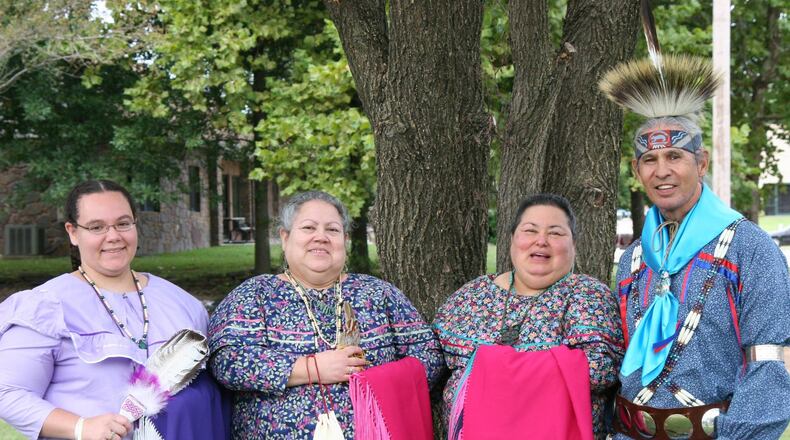 Lola Purvis (second from left) is featured in Episode 2 of the WYSO podcast "The Ohio Country." She talks about how coming to Ohio on a bus tour with fellow Eastern Shawnee citizens was a powerful experience for her. Left to right: Heather Devine Hardy (Lola's daughter), Lola Purvis, Margaret Devine (Lola’s sister), and the late Larry Dushane. Photo credit: Eastern Shawnee Tribe of Oklahoma