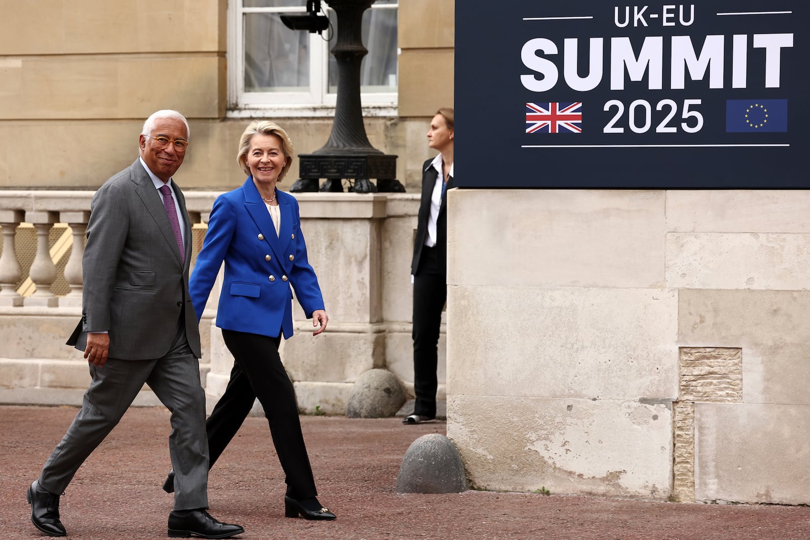 European Council President Antonio Costa, left, and European Commission President Ursula von der Leyen arrive to attend a United Kingdom and European Union summit at Lancaster House, London, Monday, May 19, 2025. (Henry Nicholls/Pool Photo via AP)