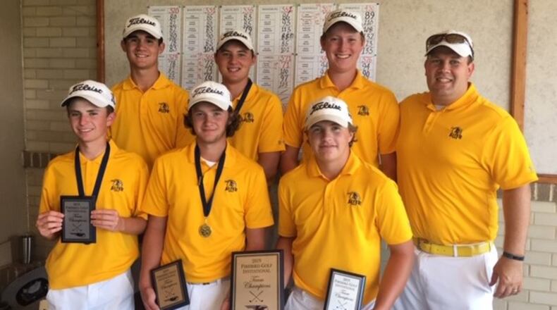 The Alter High School boys golf team. Team members: (front, left) sophomore Tommy Grawe, senior Jack Norman and junior Colin Scheimann. Back (left): senior Jack Holtgreive, senior AJ Pothast, junior John Lunne and coach Alex Schuster. CONTRIBUTED PHOTO