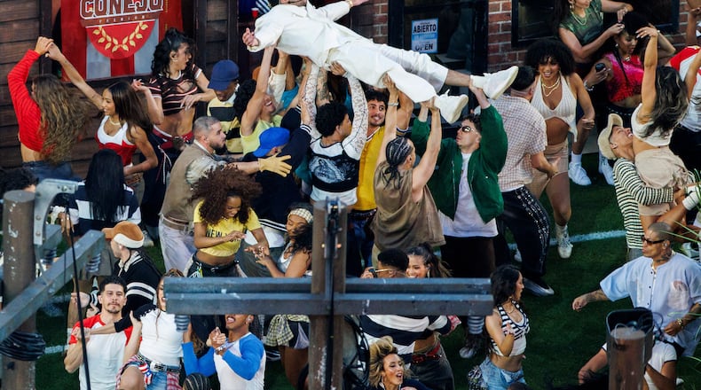 Bad Bunny, center top, performs during the halftime show of the NFL Super Bowl 60 football game between the Seattle Seahawks and the New England Patriots in Santa Clara, Calif., Sunday, Feb. 8, 2026. (Santiago Mejia/San Francisco Chronicle via AP)