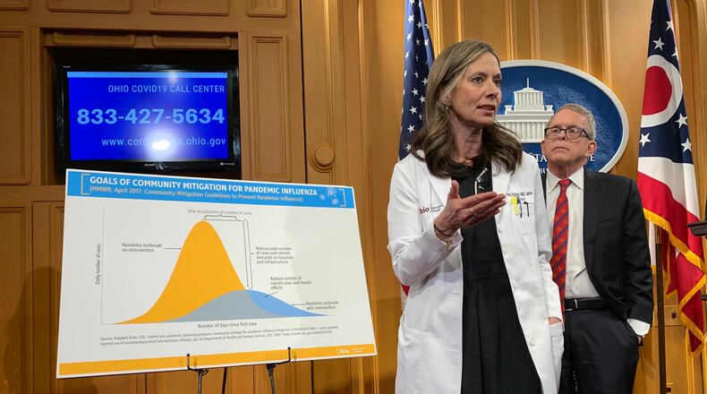 Dr. Amy Acton, director of the Ohio Department of Health, and Gov. Mike DeWine gave an update Wednesday afternoon on the importance of the state’s coronavirus outbreak mitigation efforts. LAURA BISCHOFF/STAFF