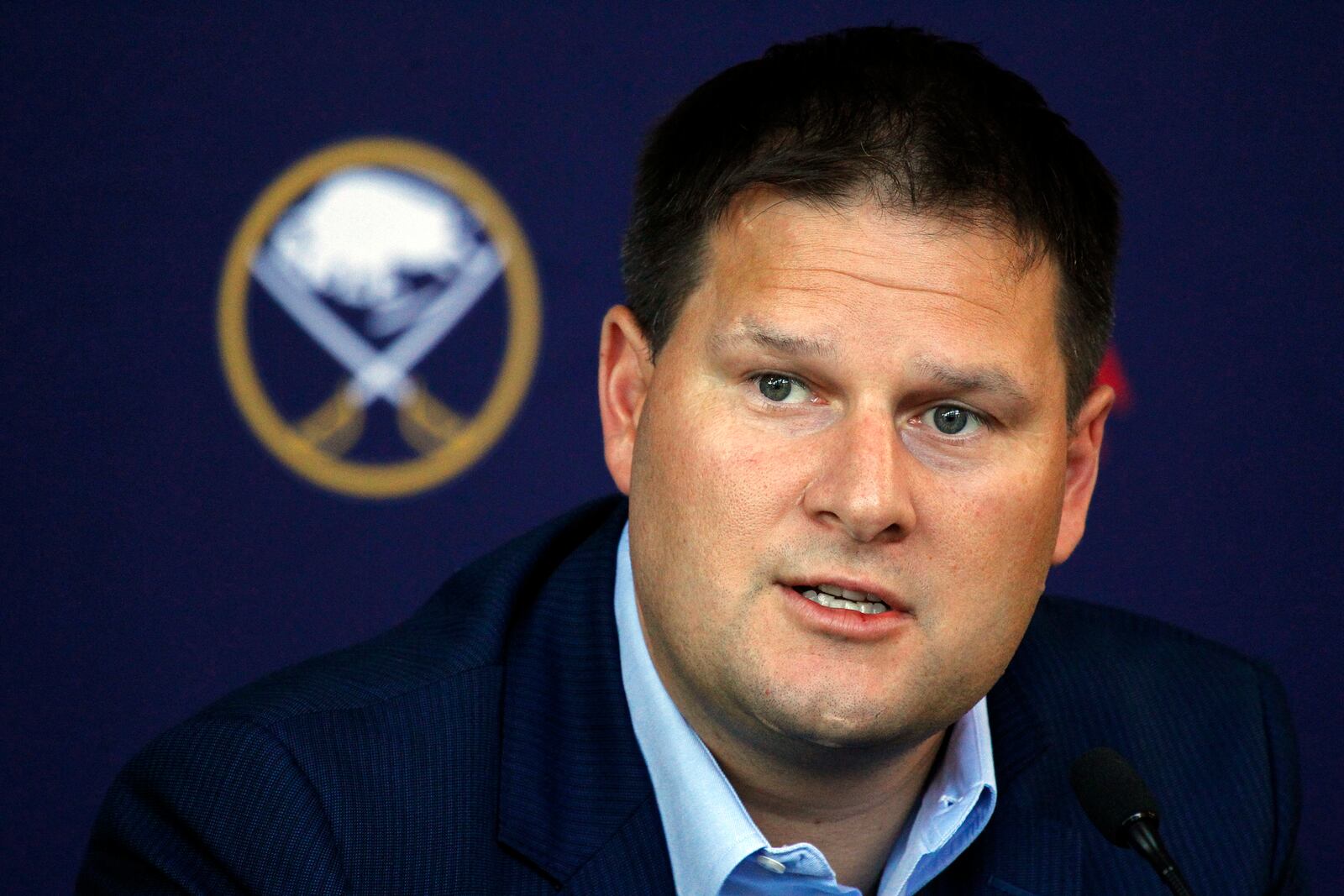 FILE - In this June 25, 2018, file photo, Buffalo Sabres general manager Jason Botterill addresses the media during an NHL news conference in Buffalo N.Y. (AP Photo/Jeffrey T. Barnes, File)