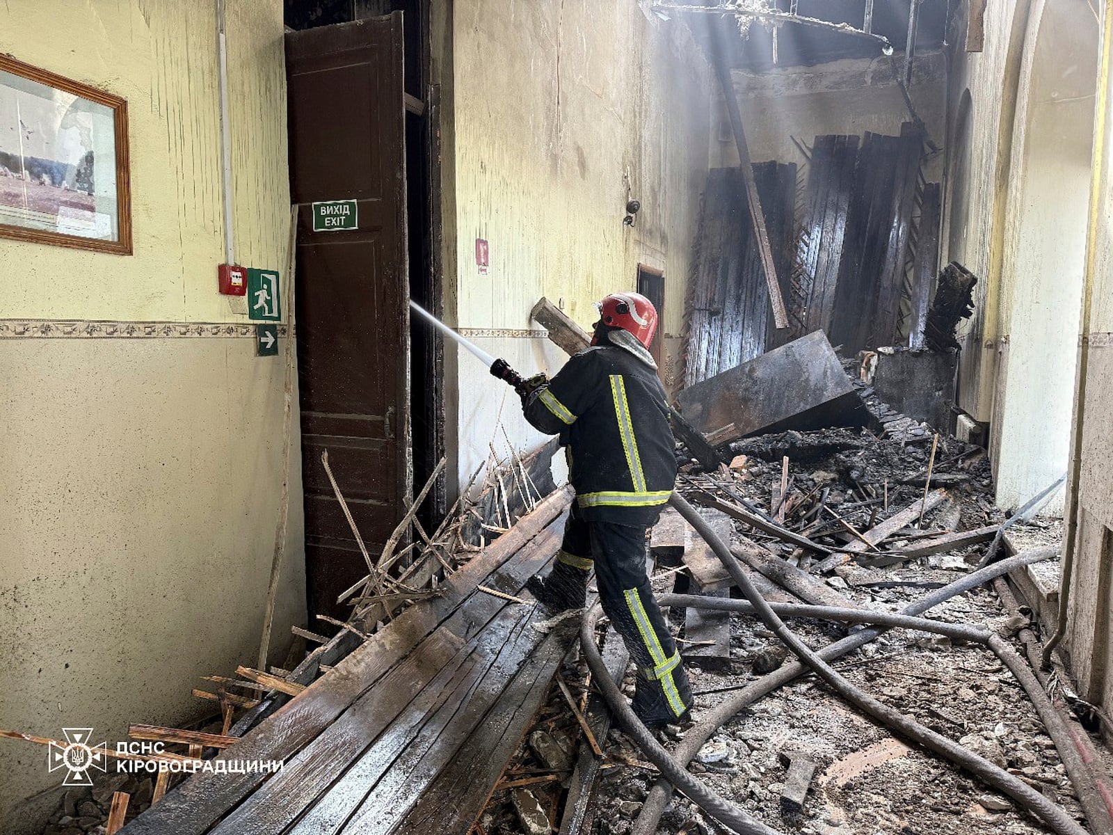 In this photo provided by the Ukrainian Emergency Service, firefighters put out the fire in a fire department school following a Russian air attack in Kropyvnytskyi, Ukraine, Monday, July 28, 2025. (Ukrainian Emergency Service via AP)