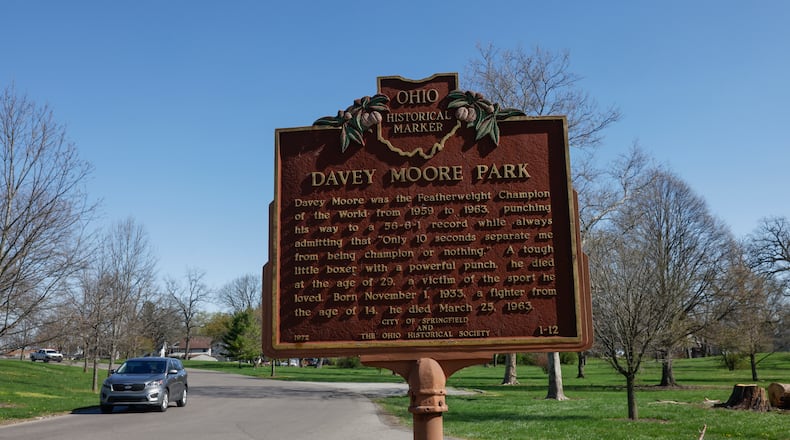 Drivers travel through Davey Moore Park during a sunny morning on Wednesday, April 16, 2025. The park recently made headlines after racist graffiti was sprayed here. JOSEPH COOKE/STAFF