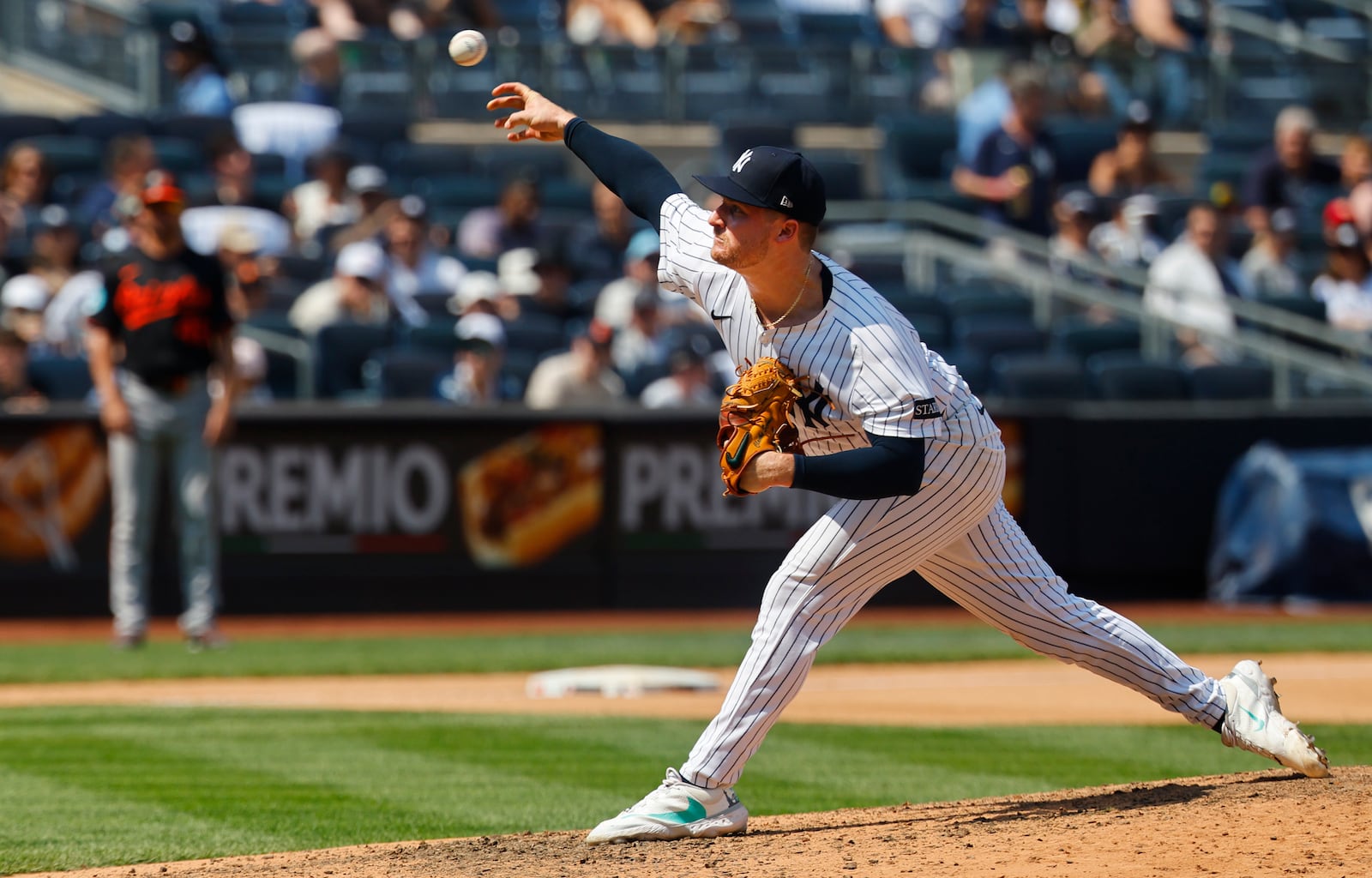 New York Yankees pitcher Clarke Schmidt throws during the seventh inning of a baseball game against the Baltimore Orioles, Saturday, June 21, 2025, in New York. (AP Photo/Noah K. Murray)